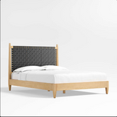 Rajasthan Niwar Solid Wood Bed With Handwoven Leather Headboard in Black